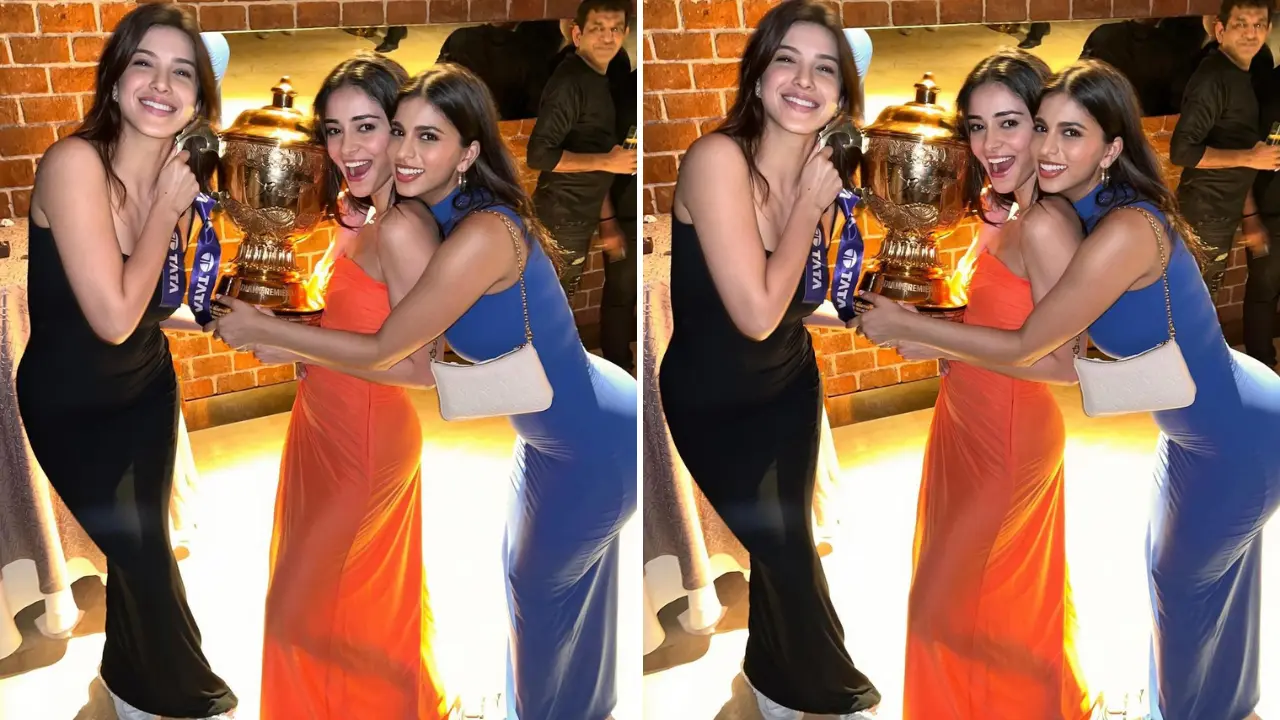 Suhana Khan, Ananya Panday, and Shanaya Kapoor Pose with KKR IPL TrophySuhana Khan, Ananya Panday, and Shanaya Kapoor Pose with KKR IPL Trophy