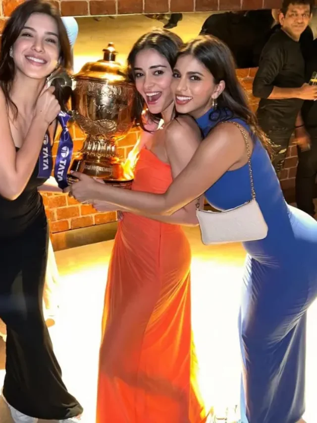 Suhana Khan, Ananya Panday, and Shanaya Kapoor Pose with KKR IPL TrophySuhana Khan, Ananya Panday, and Shanaya Kapoor Pose with KKR IPL Trophy