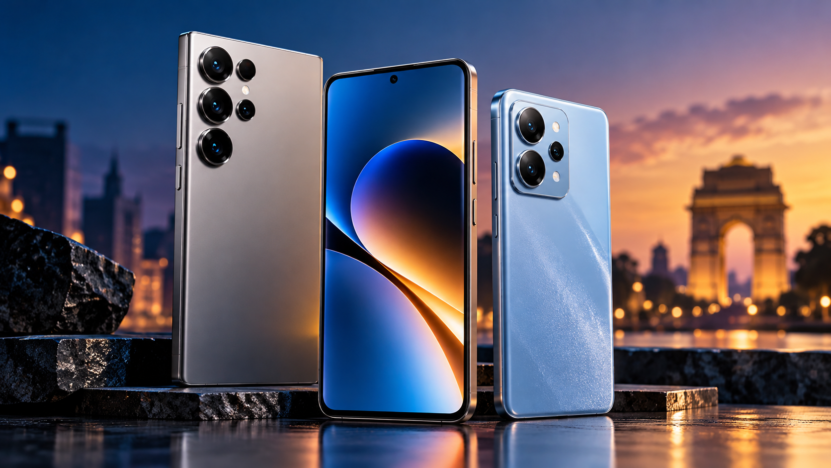 Minimalist premium smartphone concept on a dark reflective platform, used to illustrate performance and buying priorities
